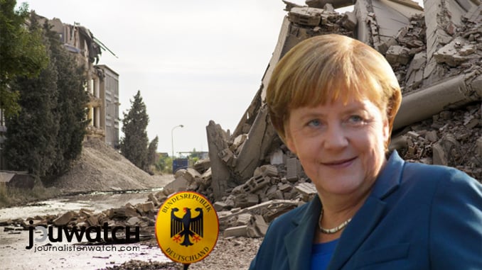Angela Merkel und ein zerstörtes Land; Bild: © jouwatch Collage