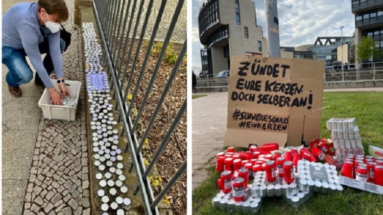 Kerzen-Protest vor Staatskanzleien (links: Potsdam), Rathäuser und Landtage (rechts: Düsseldorf) Tee- und Grablichter gelegt. (Quelle: Twitter, Risikogruppen/Candma4)