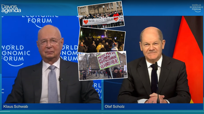 Olaf Scholz und Klaus Schwab im Januar 2022 bei der Davos Agenda; Bild: Collage